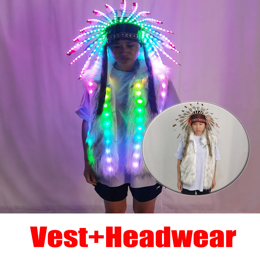 Full Color LED Light Up Faux Fur Vest Jacket with Indian Headdress & Hula Skirt