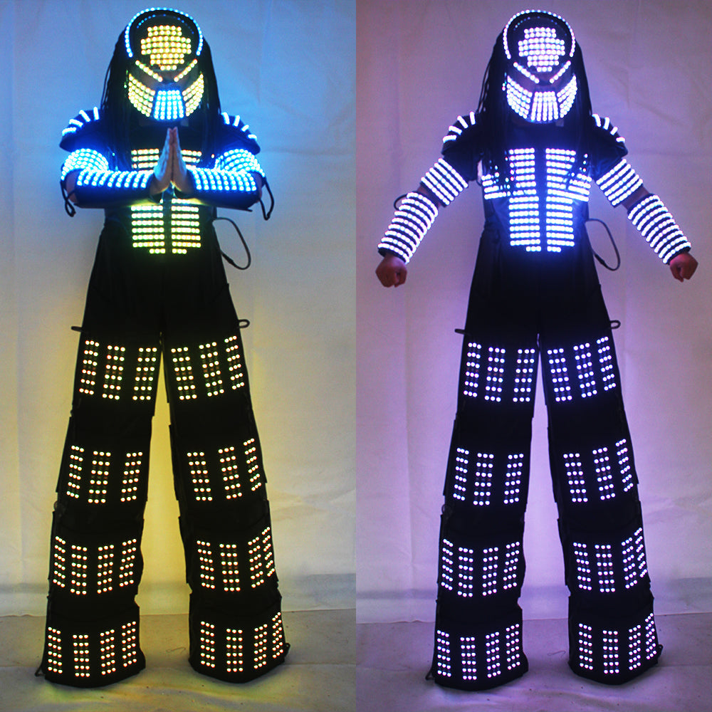 David Guetta LED Robot Suit Clothes Stilts Walker Costume Helmet Laser Gloves CO2 Jet Mach