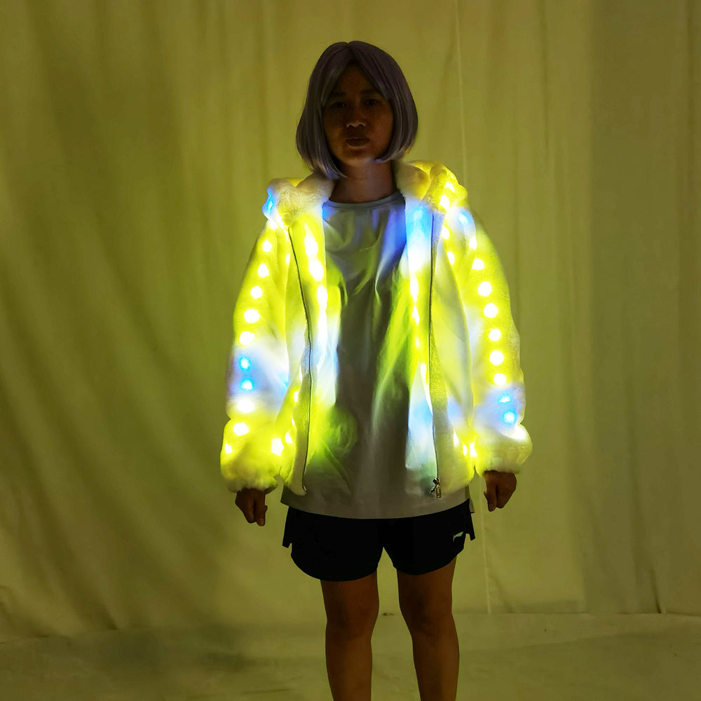 LED Fashion Women's Faux Fur Coat with Remote Control Color Change Sequins Hooded Coat