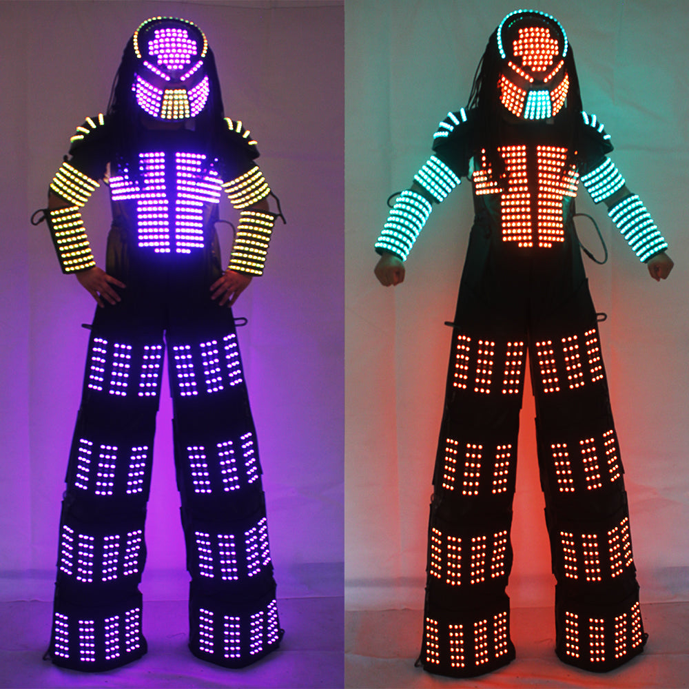 David Guetta LED Robot Suit Clothes Stilts Walker Costume Helmet Laser Gloves CO2 Jet Mach