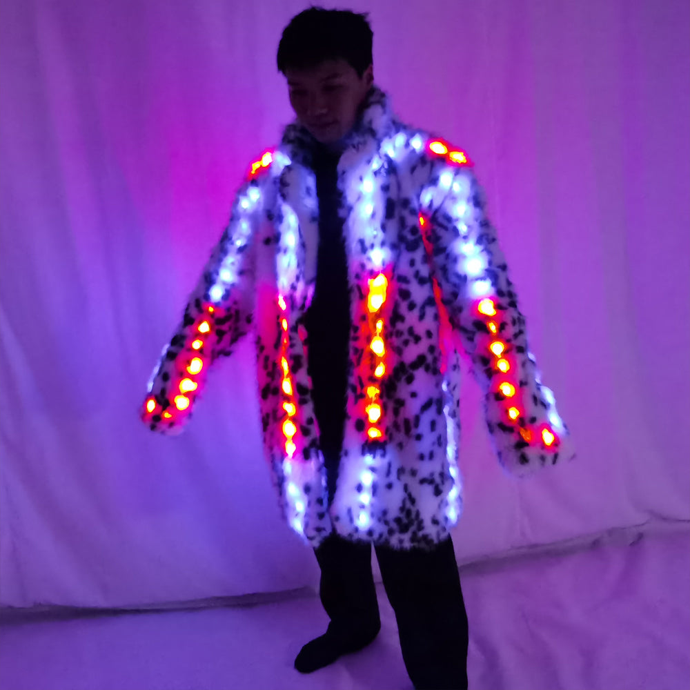 Faux Fur Coat Men Hooded Outerwear Comfortable Thick Winter Warm Long Jacket LED Stage Dance Party Cosplay Costume Overcoat