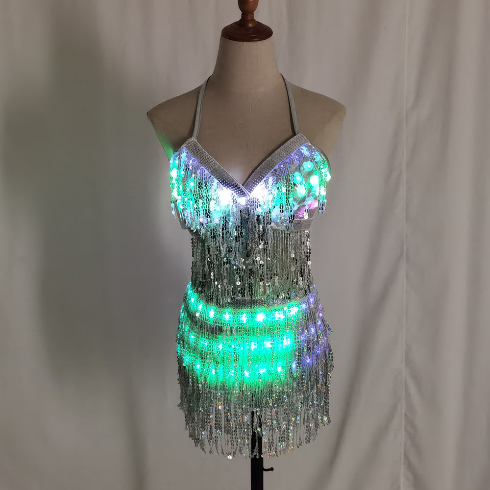 LED Glowing Sequin Tassel Dance Costume Light Up Festival Performance Outfit for Women
