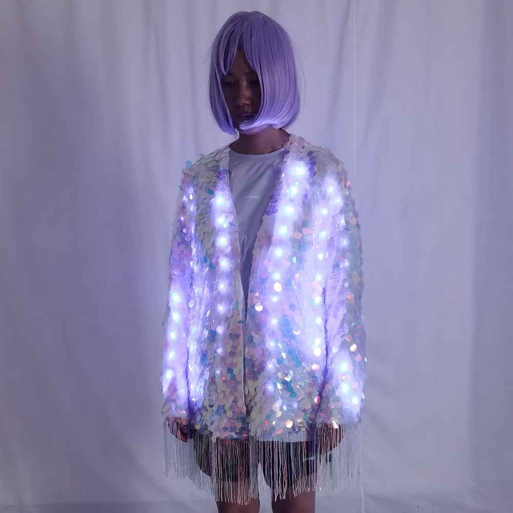 LED Full Color Sequin Tassel Belly Dance Costume Sparkly Performance Outfit - Tem-laser.com