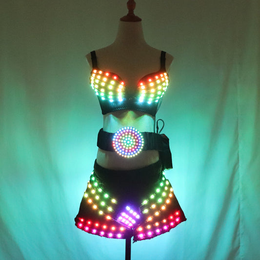 Full Color Led Luminous Light Party Skirt Sexy Girl Led Light Up Costumes with Led Belt Ballroom Dance Outfit DJ DS Bra Suit