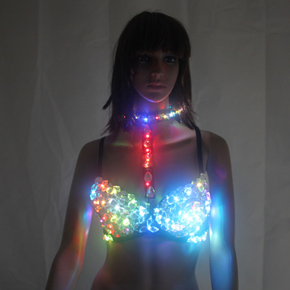 Female Sexy Silver Sparkling Diamond LED Bra Handmade Diamond Brassiere Night Club Crystal Bras