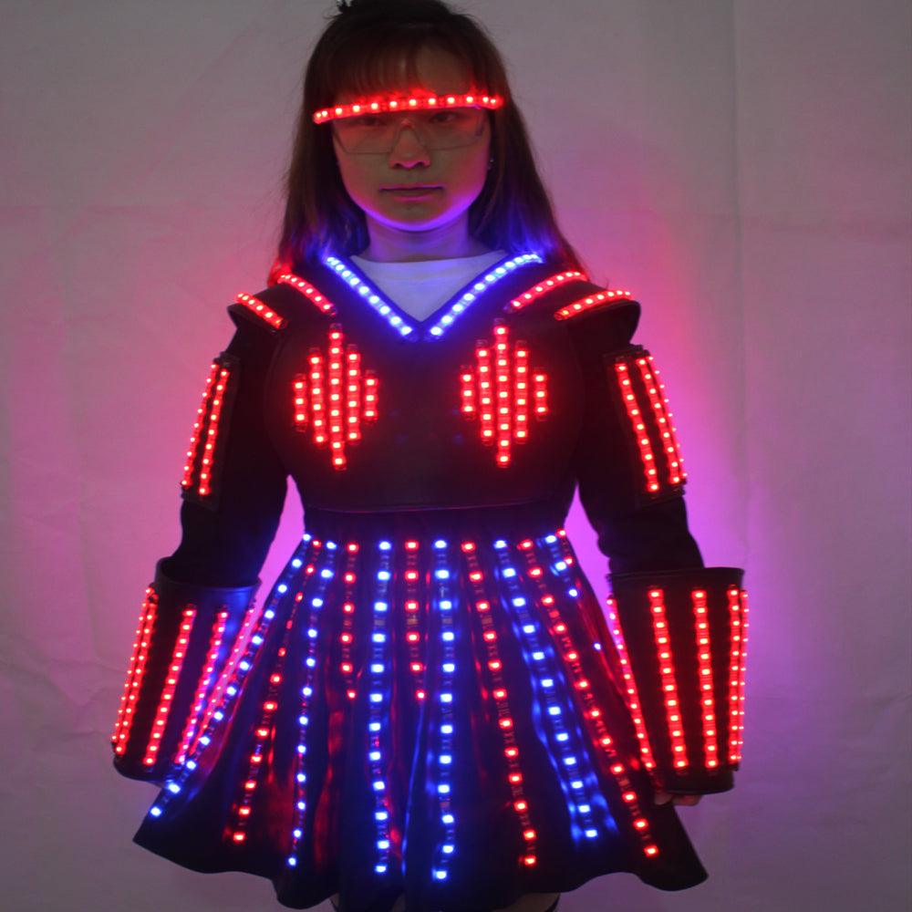 LED Robot Suit Costume Laser Glove Canvas Fashion Glowing Wedding Dress Clothes Luminous Headwear Short Skirt