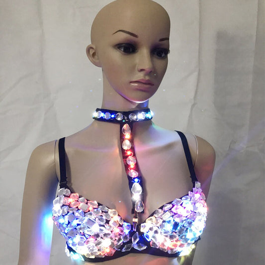 Female Sexy Silver Sparkling Diamond LED Bra Handmade Diamond Brassiere Night Club Crystal Bras
