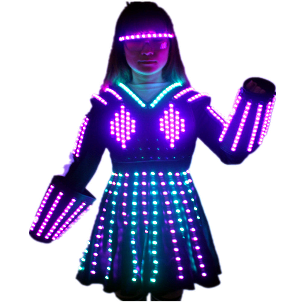 LED Robot Suit Costume Laser Glove Canvas Fashion Glowing Wedding Dress Clothes Luminous Headwear Short Skirt