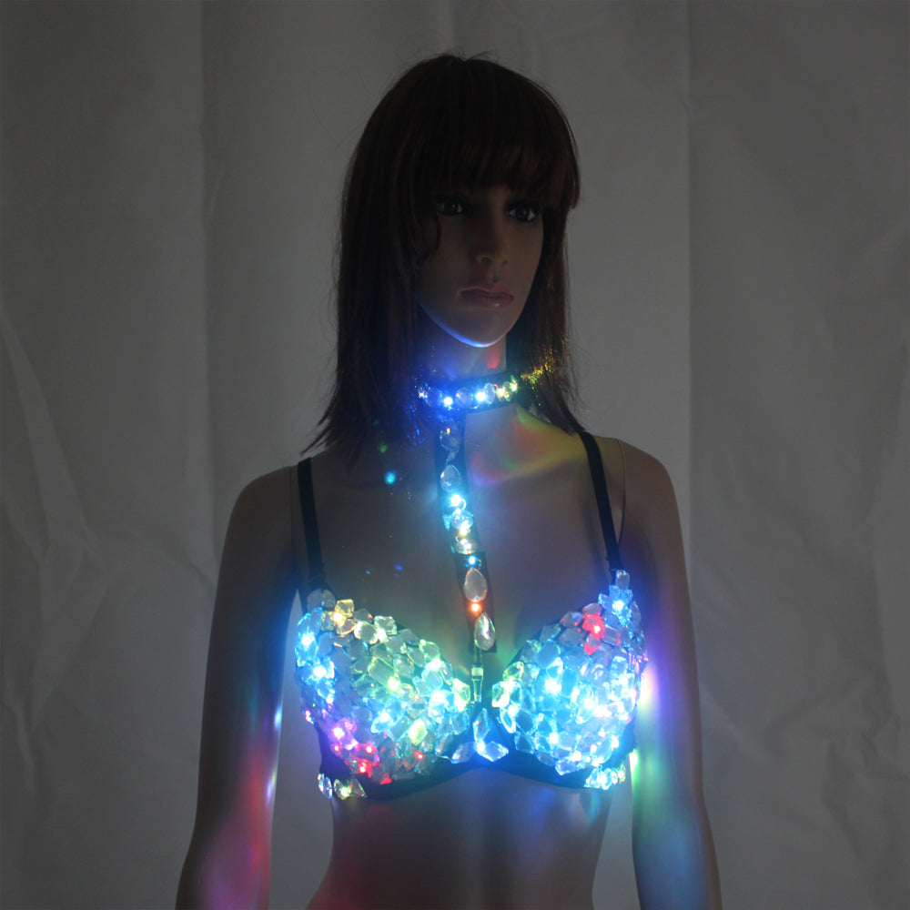 Female Sexy Silver Sparkling Diamond LED Bra Handmade Diamond Brassiere Night Club Crystal Bras