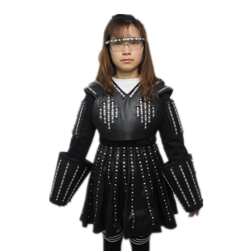 LED Robot Suit Costume Laser Glove Canvas Fashion Glowing Wedding Dress Clothes Luminous Headwear Short Skirt