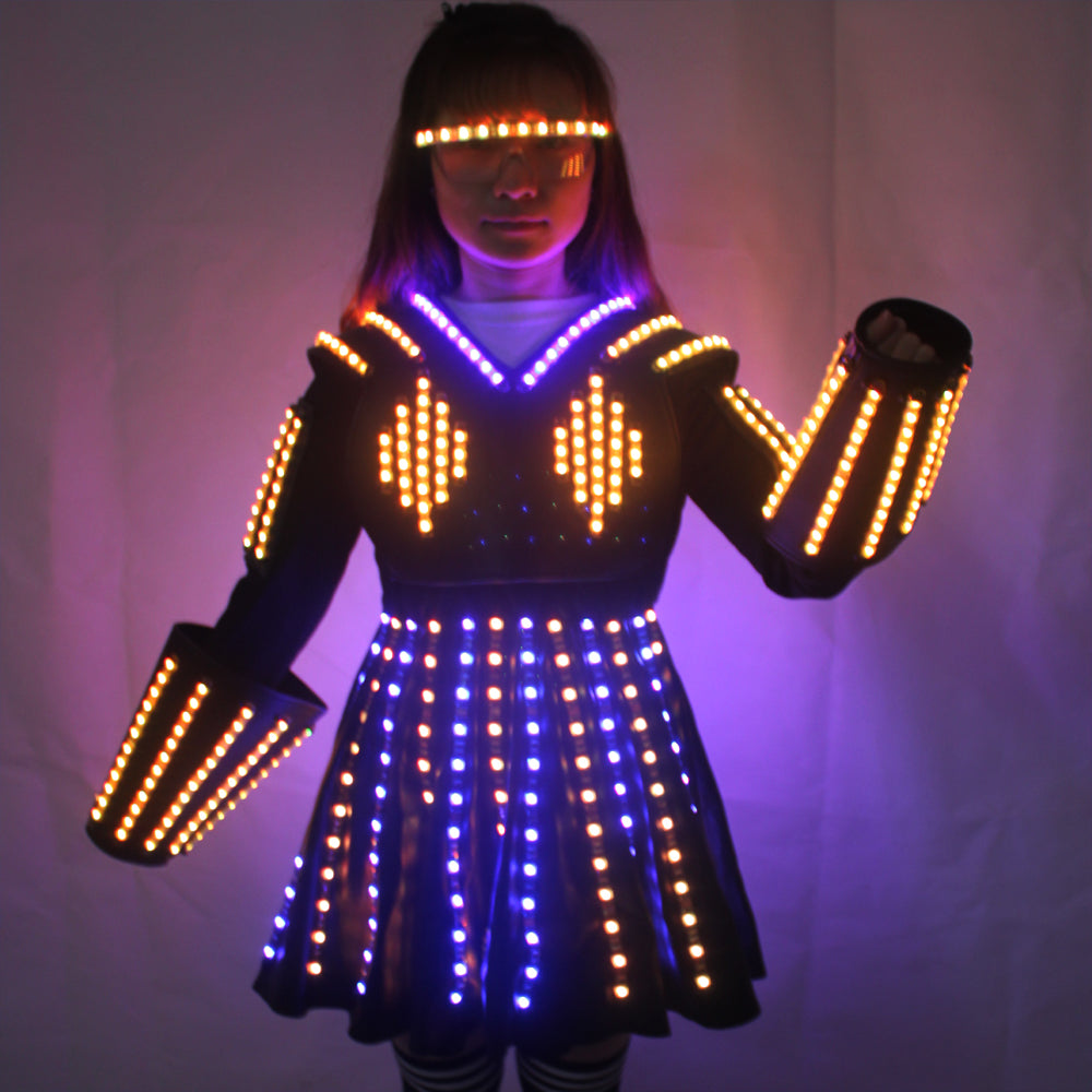 LED Robot Suit Costume Laser Glove Canvas Fashion Glowing Wedding Dress Clothes Luminous Headwear Short Skirt