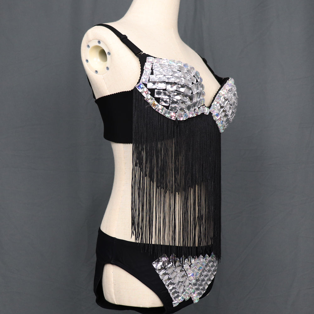 Nightclub Pole Dance Clothing Bikini Rhinestone Mirror Costume Shiny Lens Bra Pant Sexy GOGO Dance Rave Clothes Stage Dress