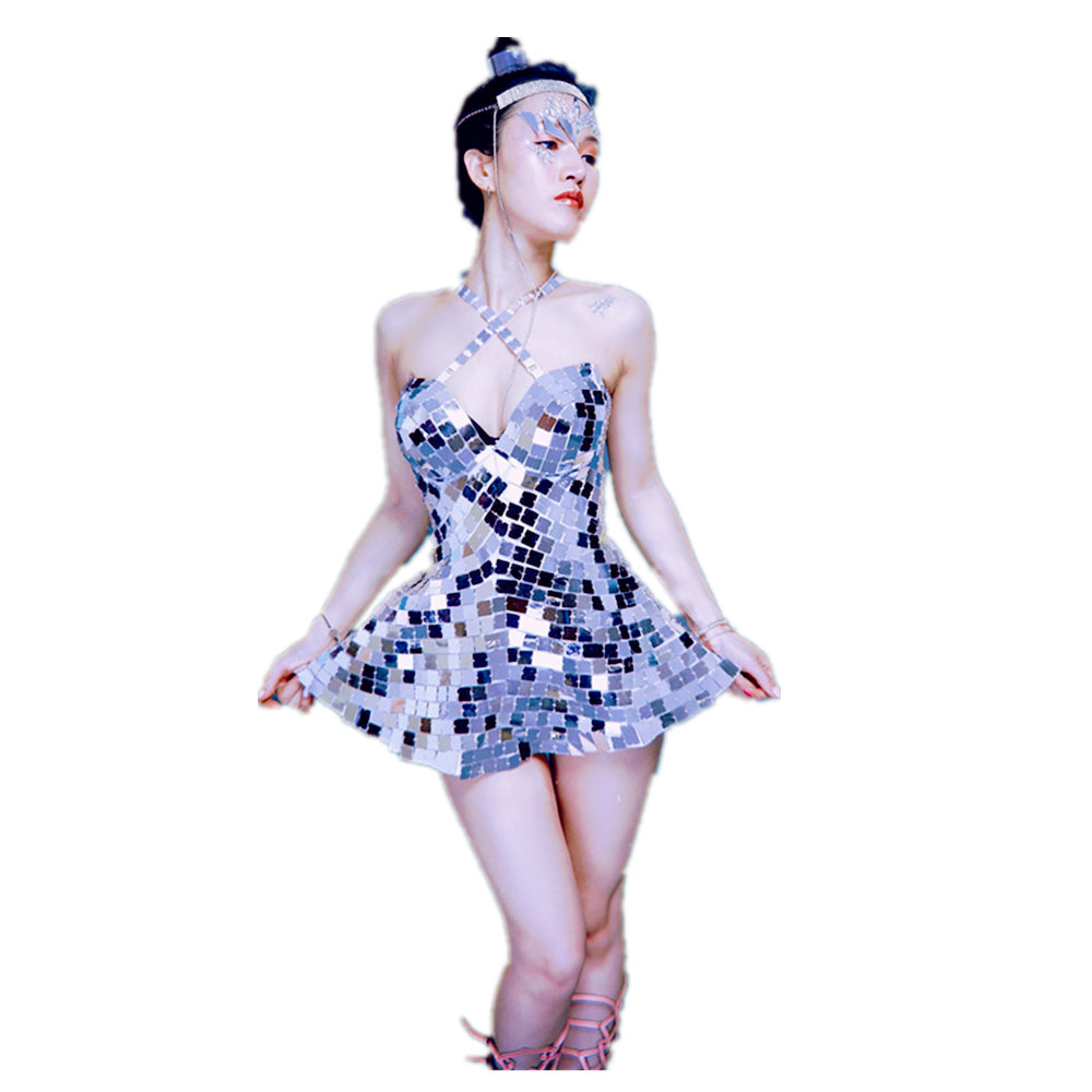 Roupa Feminina Sexy Dance Costume Mirror Dress Stage Dress Performance Wear Nightclub Clothing Silver Mirror Race Clothes