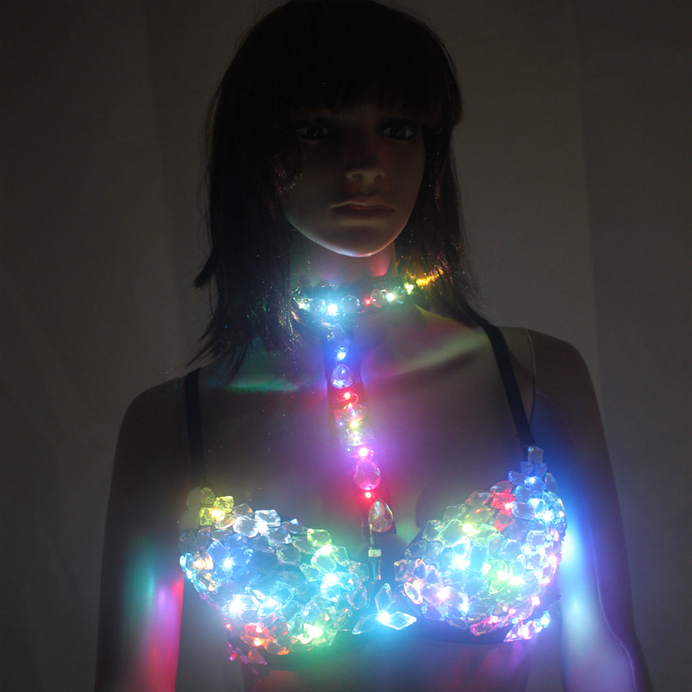 Female Sexy Silver Sparkling Diamond LED Bra Handmade Diamond Brassiere Night Club Crystal Bras