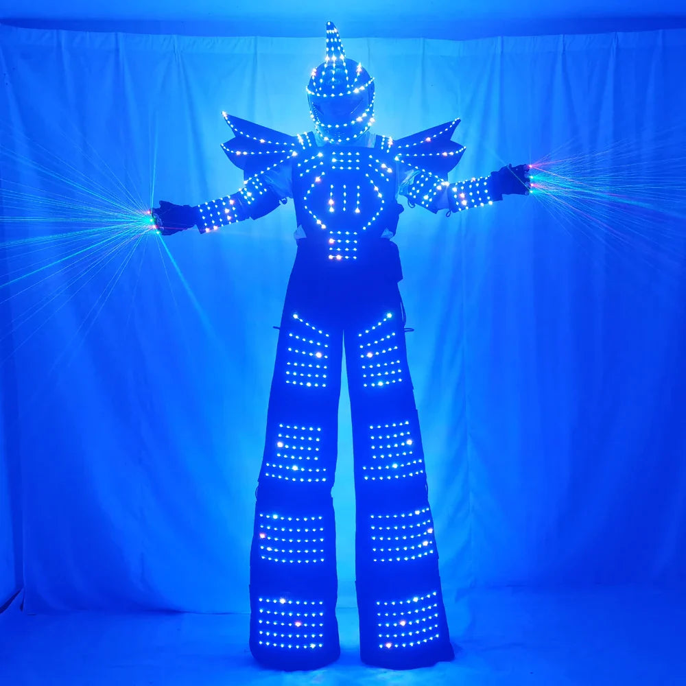 Full Color Pixel LED Robot Costume Clothes Stilts Walker Costume LED Suit Costume Helmet Laser Gloves CO2 Gun Jet Machine
