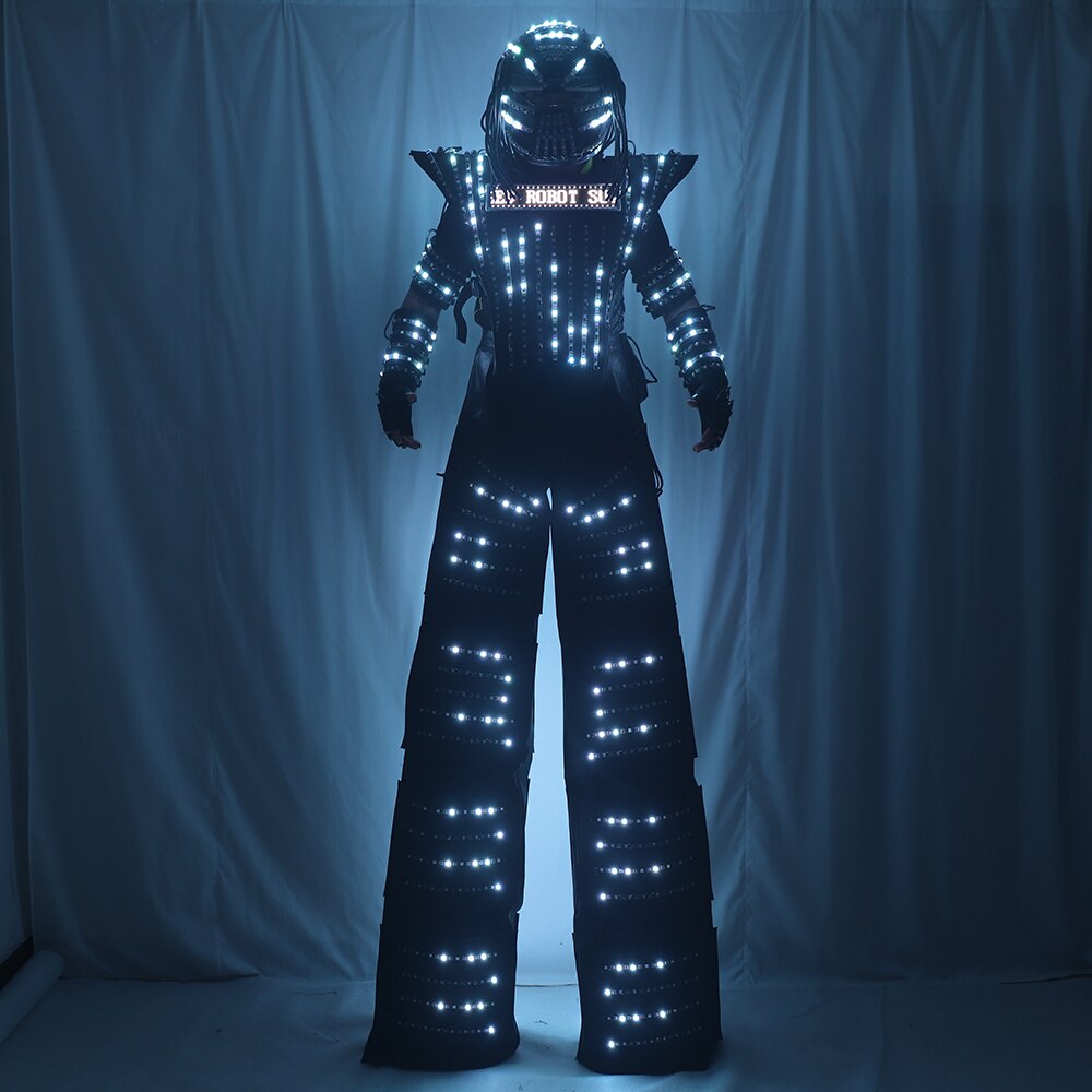 LED Robot Costume Clothes Full Color Chest Display White Silver Leather Stilt Walking Luminous Suit Jacket Laser Glove Helmet
