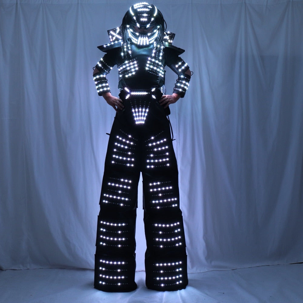 LED Robot Costume Traje LED Suit Dress Clothes Stilt Walking Luminous Jacket With Laser Gloves Predator Lighted Helmet