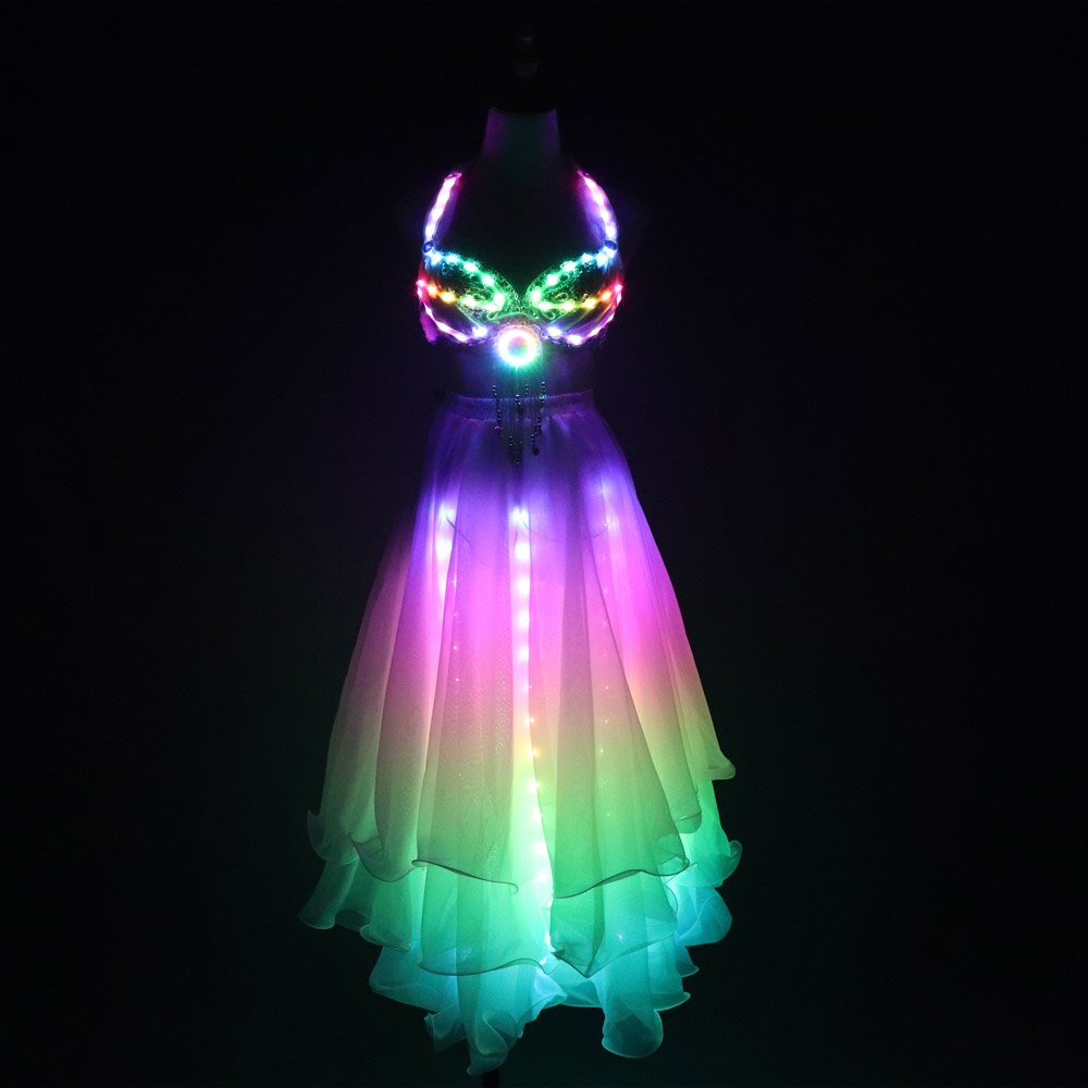 LED Color Lights Women Belly Dance Split Skirt Sexy Professional Bellydance Training Clothes Dancing Costumes