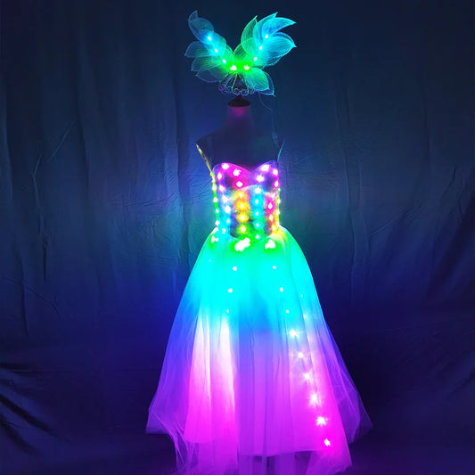 Full Color Pixel LED Skirt Dreamy Luminous Wedding Dress Wings Bodysuit Women Singer Stage Costume Party Show Dancer Performance
