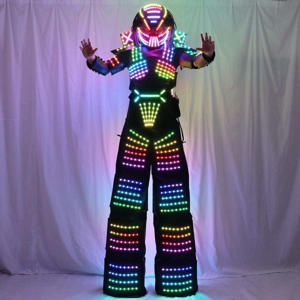 LED Robot Costume Traje LED Suit Dress Clothes Stilt Walking Luminous Jacket With Laser Gloves Predator Lighted Helmet