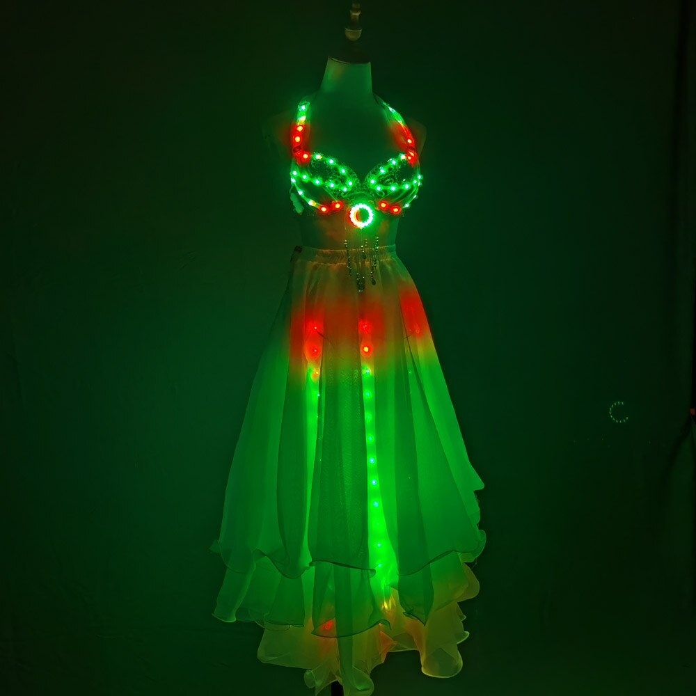 LED Color Lights Women Belly Dance Split Skirt Sexy Professional Bellydance Training Clothes Dancing Costumes