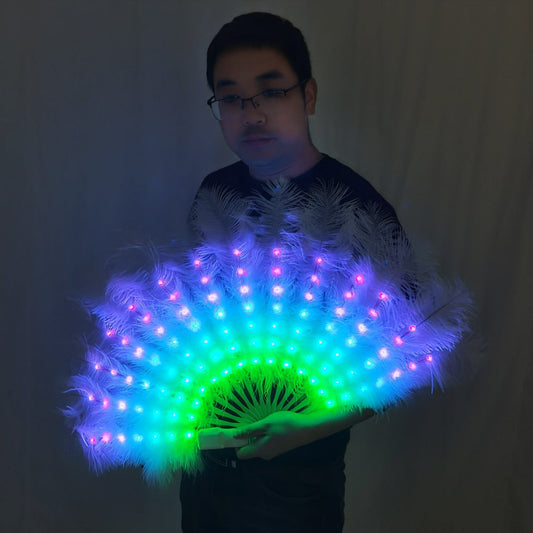 Full Color Ostrich Feathers LED Fan Performance Dancing Lights Fans Night Show Singer DJ Costumes Halloween Party Gifts