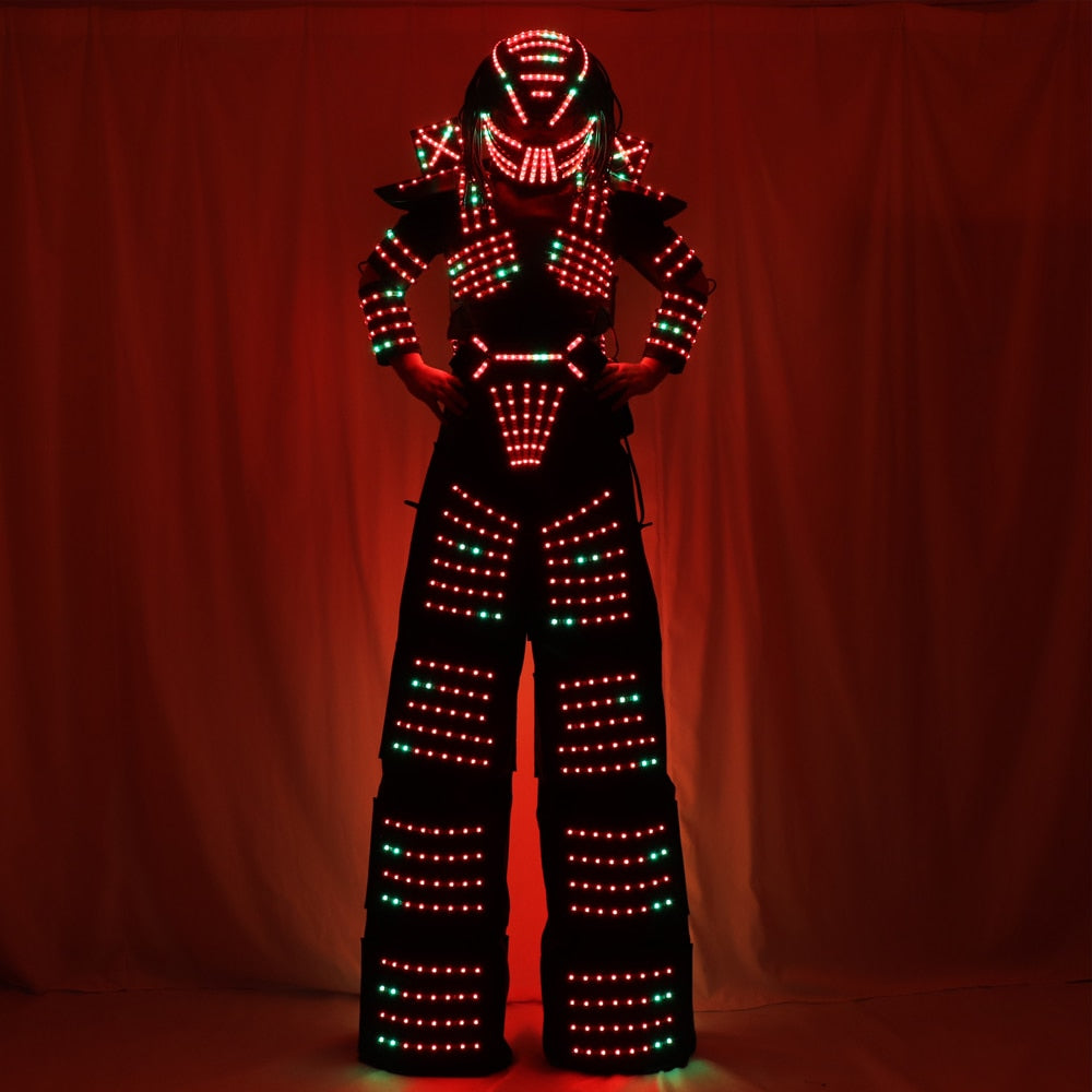 LED Robot Costume Traje LED Suit Dress Clothes Stilt Walking Luminous Jacket With Laser Gloves Predator Lighted Helmet