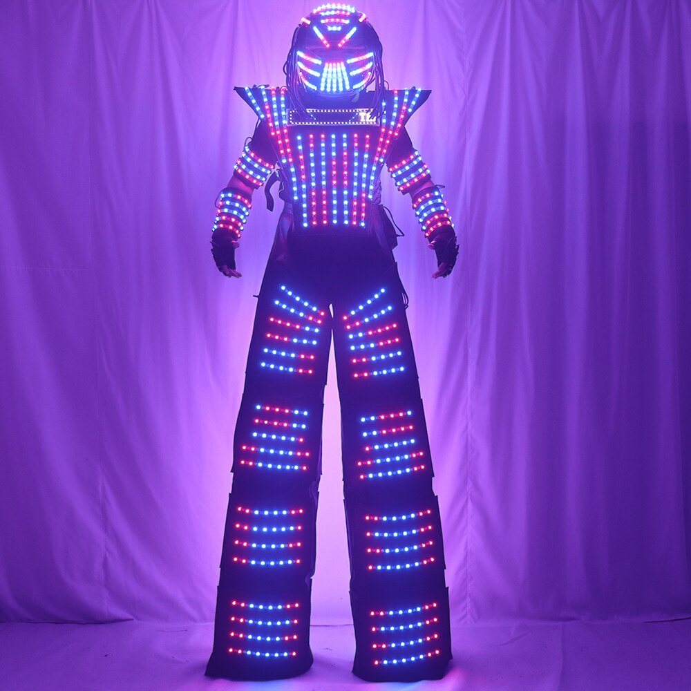 LED Robot Costume Clothes Full Color Chest Display White Silver Leather Stilt Walking Luminous Suit Jacket Laser Glove Helmet