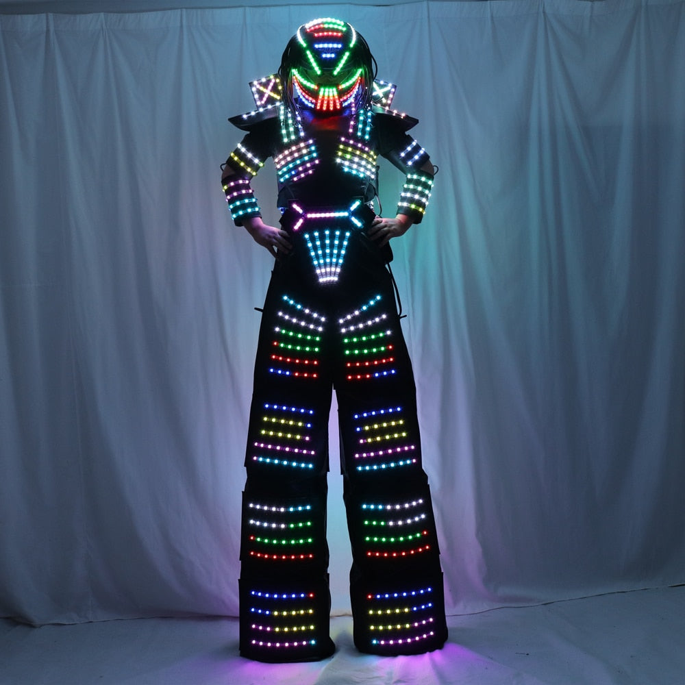 LED Robot Costume Traje LED Suit Dress Clothes Stilt Walking Luminous Jacket With Laser Gloves Predator Lighted Helmet