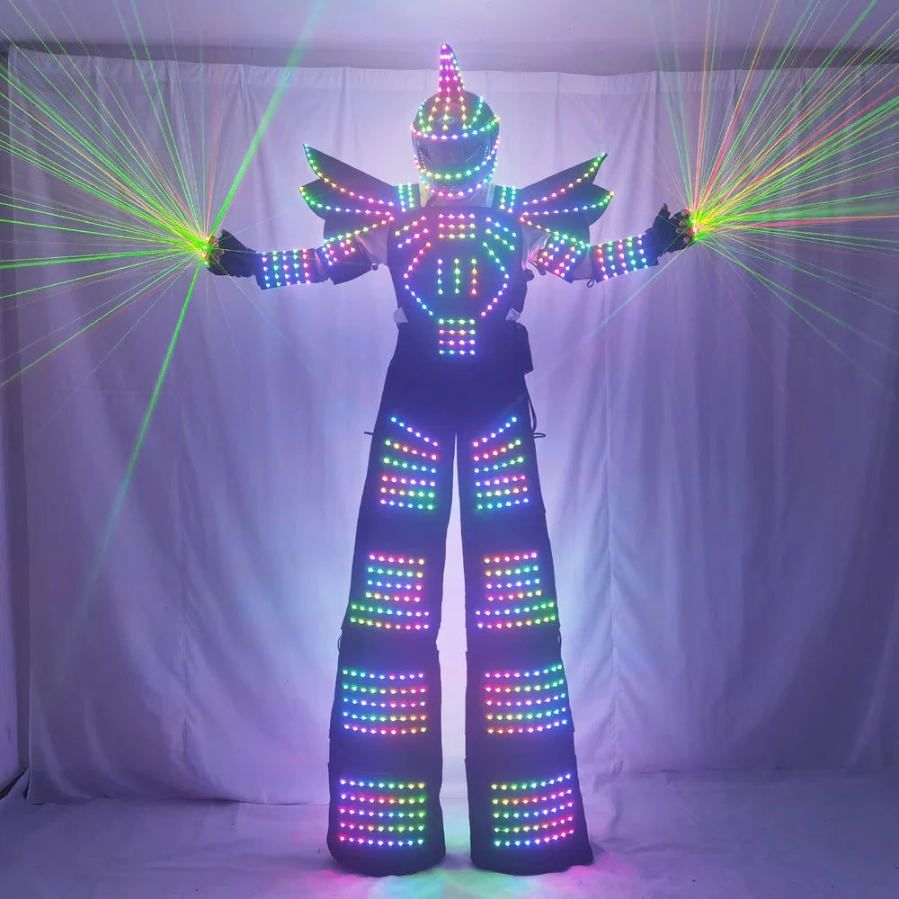 Full Color Pixel LED Robot Costume Clothes Stilts Walker Costume LED Suit Costume Helmet Laser Gloves CO2 Gun Jet Machine