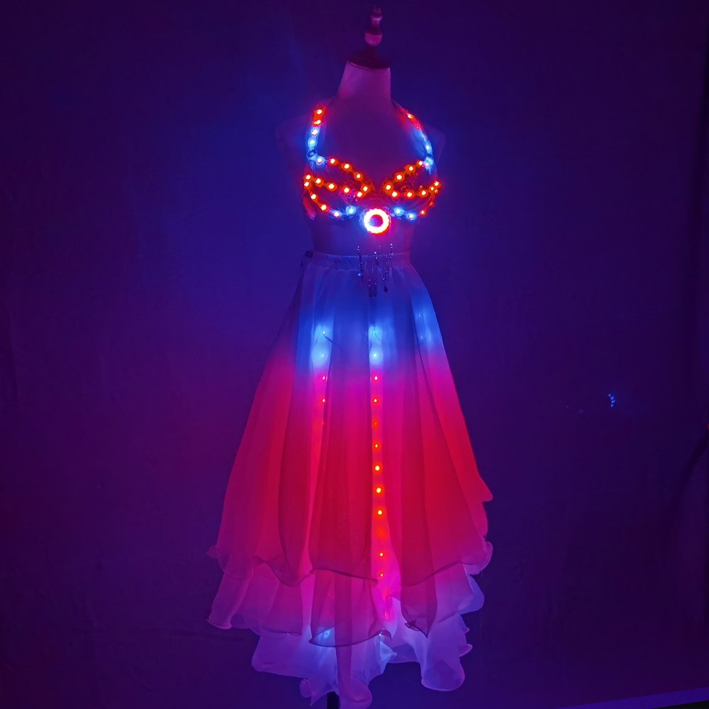 LED Color Lights Women Belly Dance Split Skirt Sexy Professional Bellydance Training Clothes Dancing Costumes