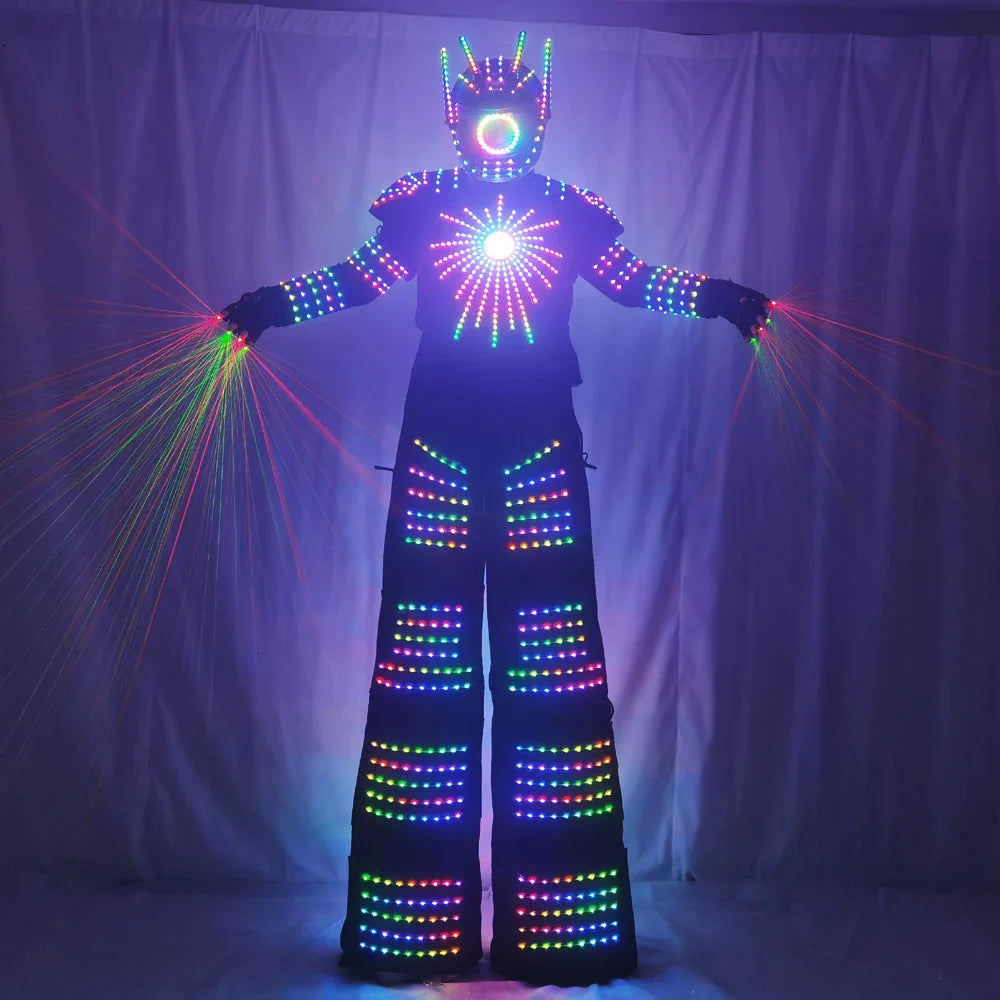 Pixel LED Robot Suit Light-Up Stilts Walker Costume David Guetta Dance Color Luminous Clothing Laser Gloves CO2 Gun Jet Machine