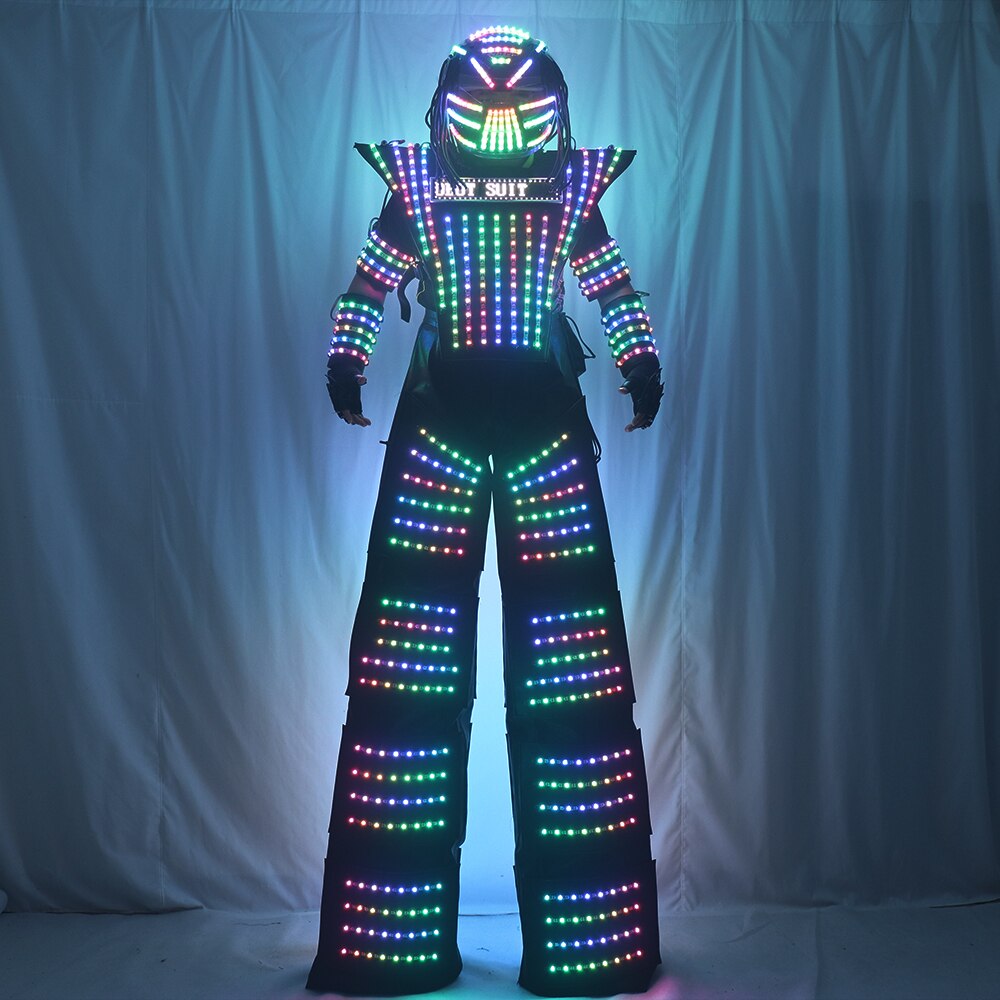 LED Robot Costume Clothes Full Color Chest Display White Silver Leather Stilt Walking Luminous Suit Jacket Laser Glove Helmet