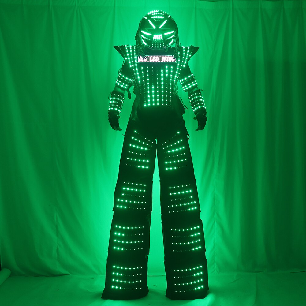LED Robot Costume Clothes Full Color Chest Display White Silver Leather Stilt Walking Luminous Suit Jacket Laser Glove Helmet