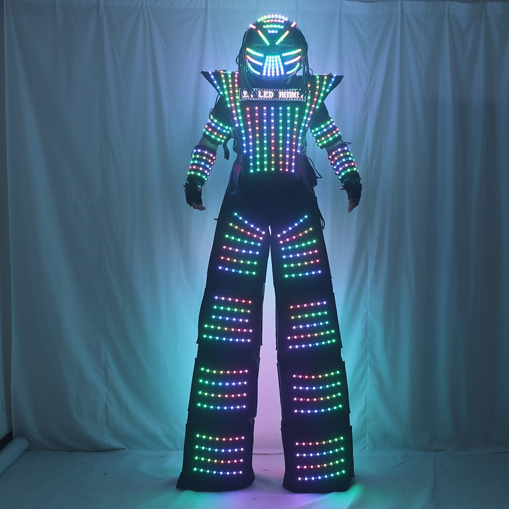 LED Robot Costume Clothes Full Color Chest Display White Silver Leather Stilt Walking Luminous Suit Jacket Laser Glove Helmet