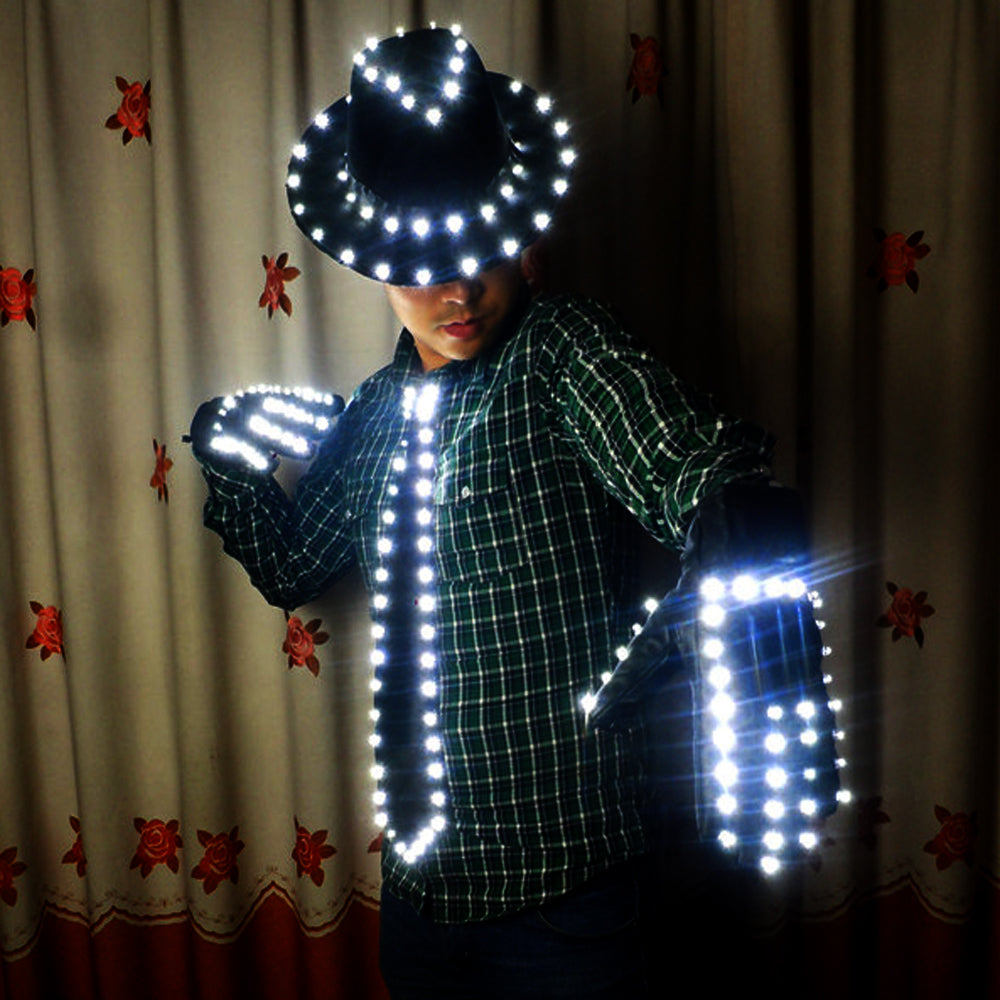 LED Costume Clothes Luminous Jazz Hat with Light Tie LED Gloves LED Suit for Michael Jacket Cosplay Costume