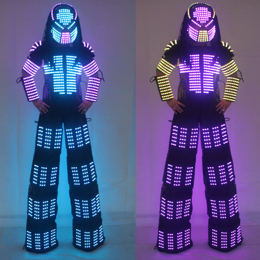 David Guetta LED Robot Suit Clothes Stilts Walker Costume Helmet Laser Gloves CO2 Jet Mach