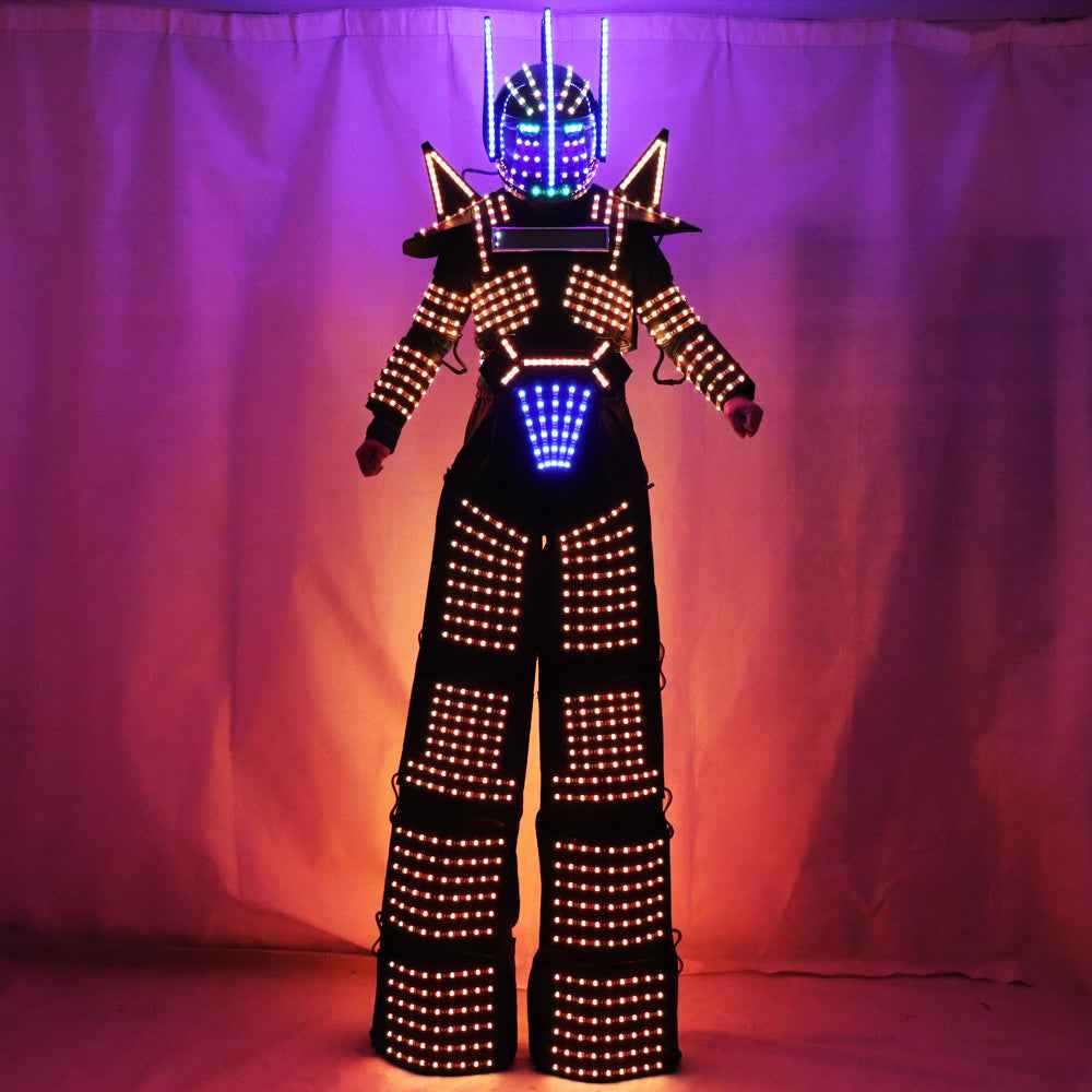 LED Predator Robot Costume Suit with Stilts Walker, Helmet & Laser Gloves - Kryoman Style Illuminated Outfit for Events & Performances - Tem-laser.com