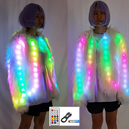 LED Faux Fur Decorative Overcoat – Christmas Party Jacket