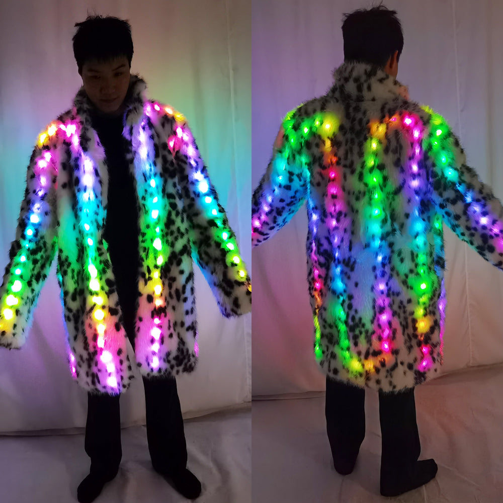 Faux Fur Coat Men Hooded Outerwear Comfortable Thick Winter Warm Long Jacket LED Stage Dance Party Cosplay Costume Overcoat