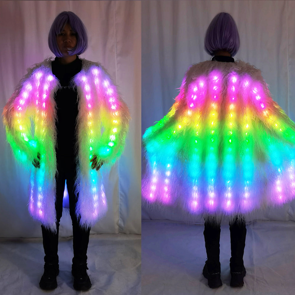 Women LED Luminous Fur Coat Remote Control Light Up Faux Fur Jacket for Party Festival