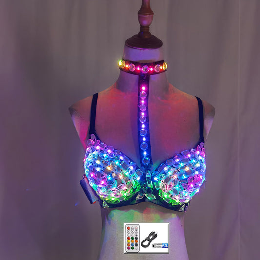 Sexy Silver LED Diamond Bra Handmade Crystal Nightclub Gogo Dancer Costume