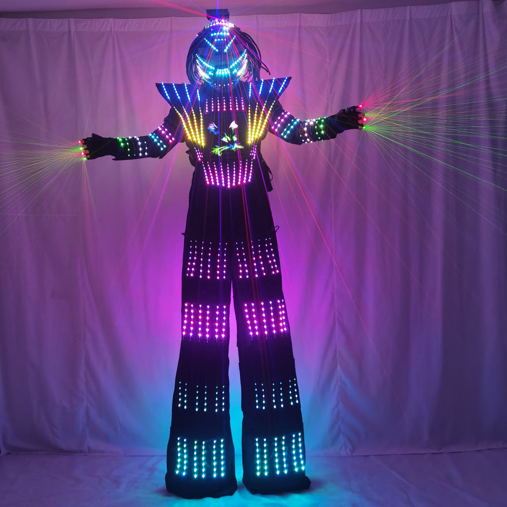 White Silver Leather Luminous LED Robot Costume - Full Color Chest Display, Stilt Walking & Laser Glove Helmet
