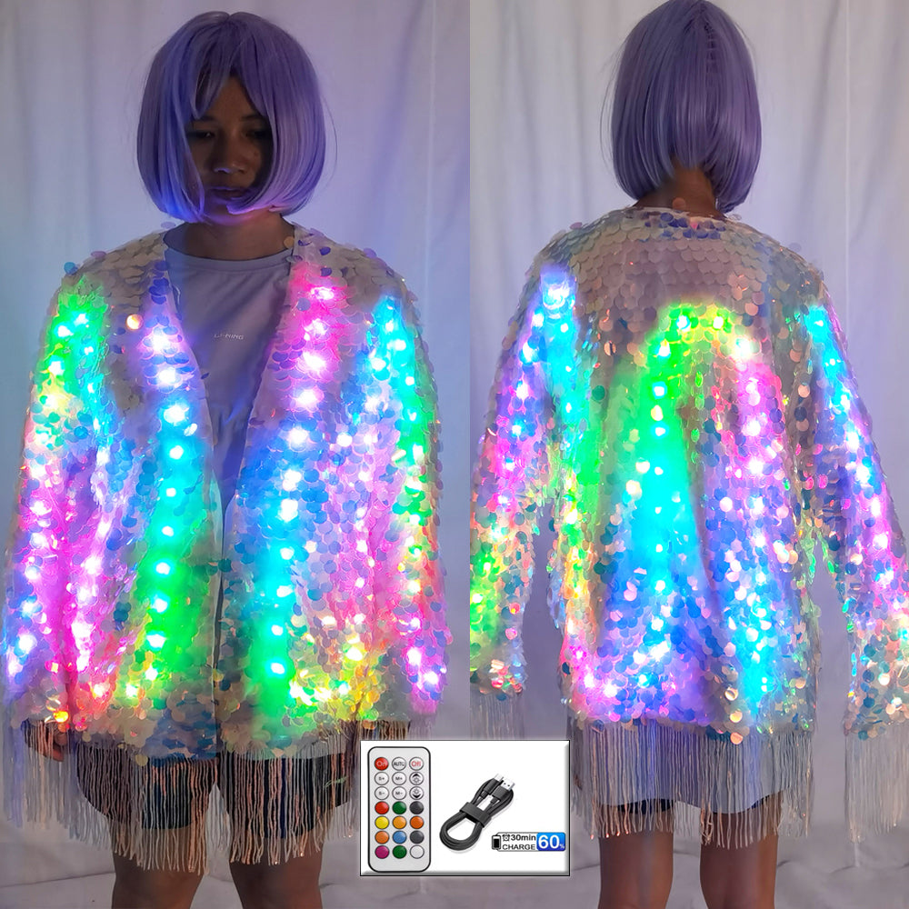 LED Full Color Sequin Tassel Belly Dance Costume Sparkly Performance Outfit