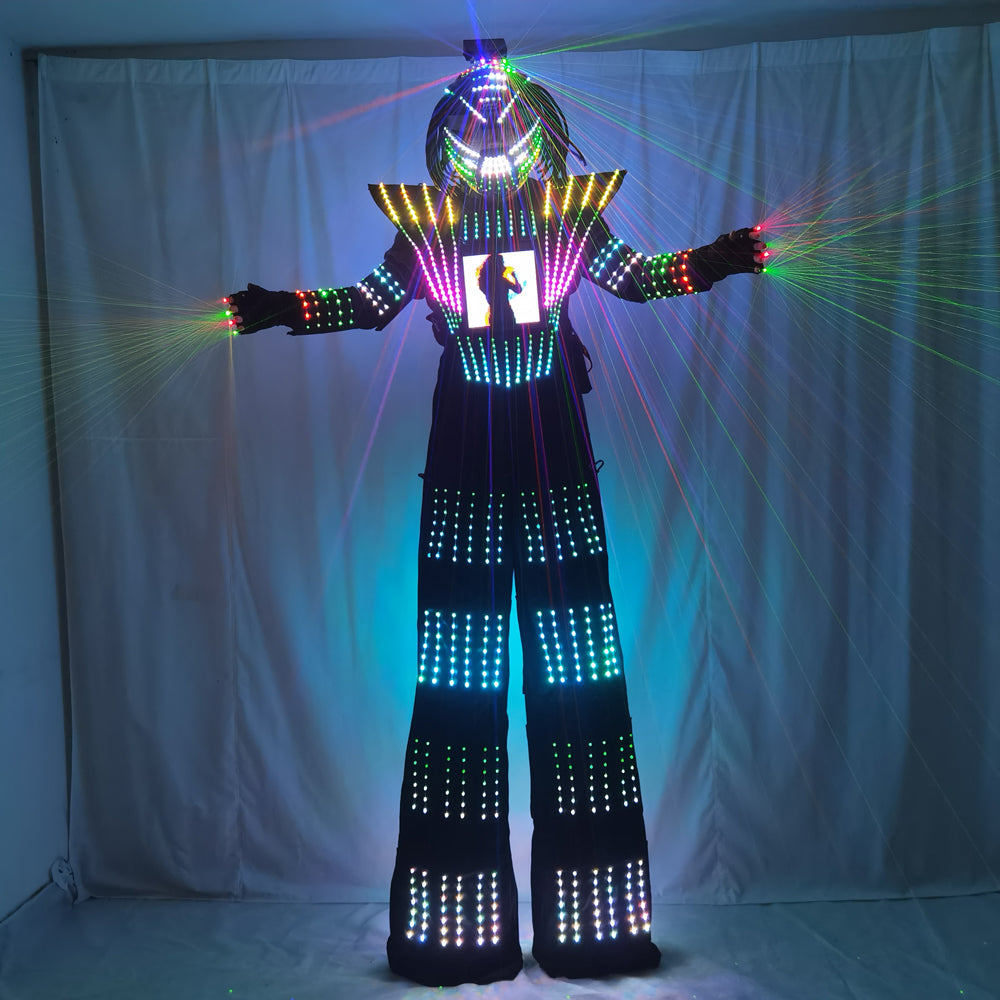 White Silver Leather Luminous LED Robot Costume - Full Color Chest Display, Stilt Walking & Laser Glove Helmet