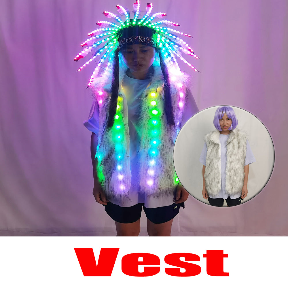 Full Color LED Light Up Faux Fur Vest Jacket with Indian Headdress & Hula Skirt