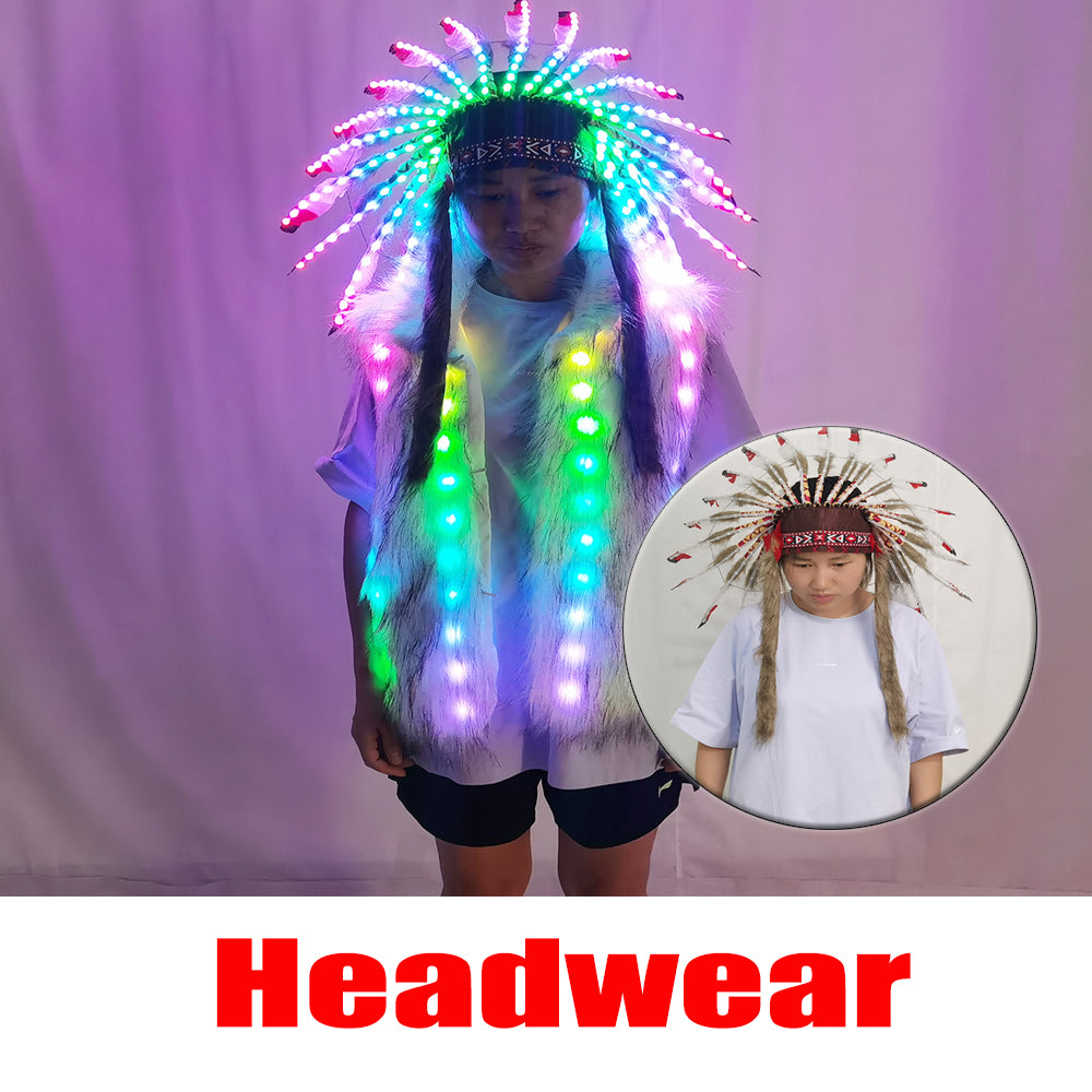 Full Color LED Light Up Faux Fur Vest Jacket with Indian Headdress & Hula Skirt