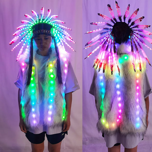Full Color LED Light Up Faux Fur Vest Jacket with Indian Headdress & Hula Skirt