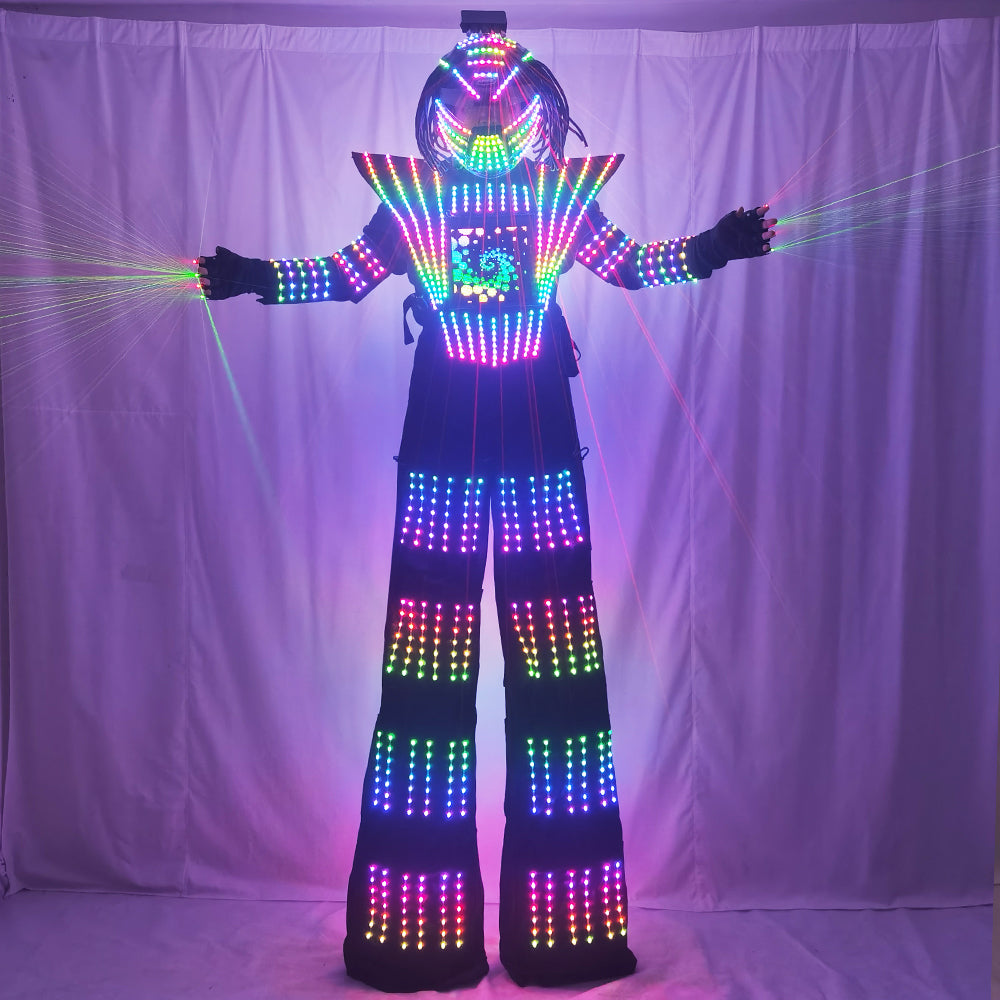 White Silver Leather Luminous LED Robot Costume - Full Color Chest Display, Stilt Walking & Laser Glove Helmet