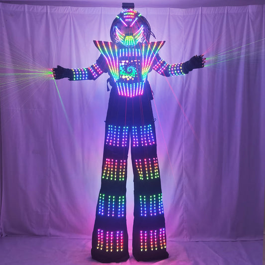 White Silver Leather Luminous LED Robot Costume - Full Color Chest Display, Stilt Walking & Laser Glove Helmet